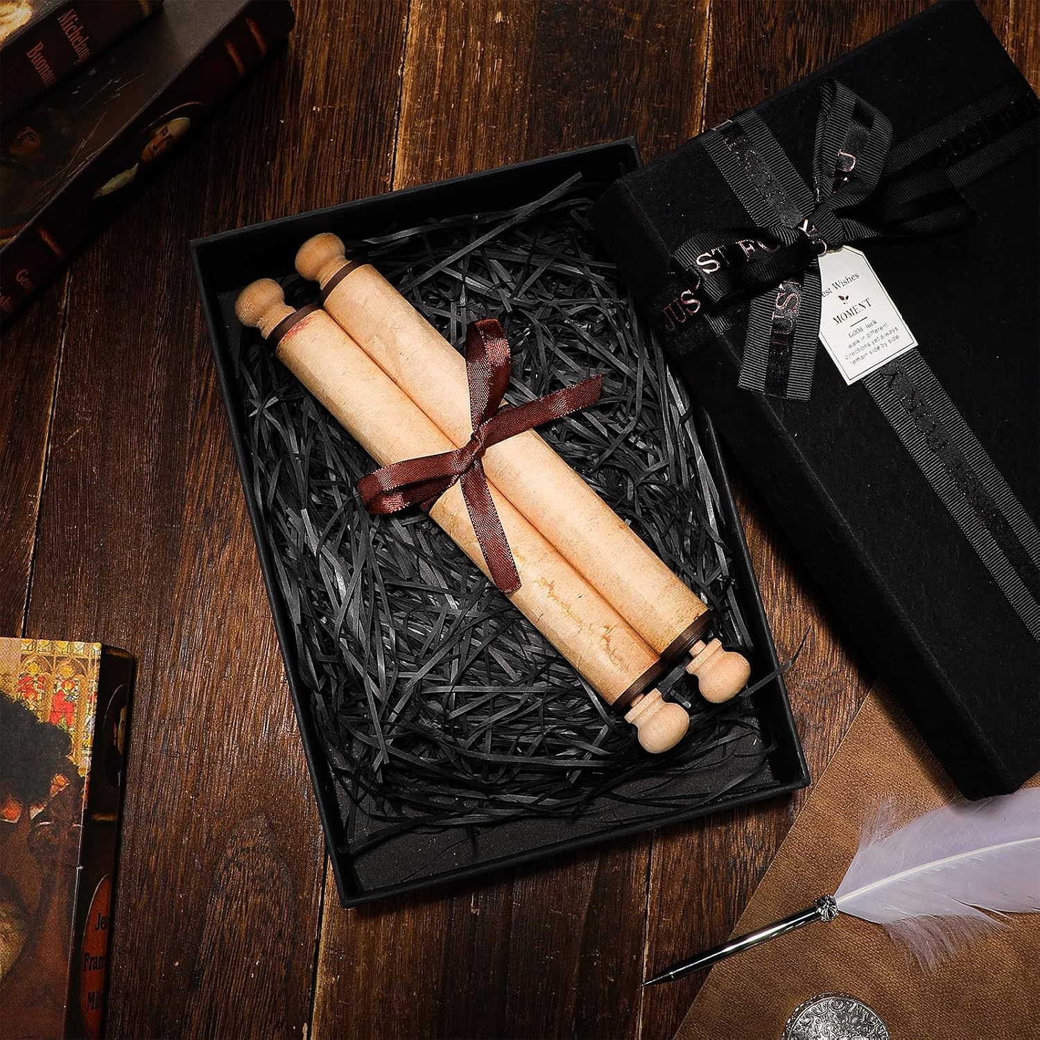 Epakh 2 Pack Blank Paper Scrolls Wrapped on Wood Rod for Writing, Drawing, Calligraphy, Wedding Vows, Cosplay Prop, Renaissance Festivals, Tabletop Role Playing Game(Old Color)