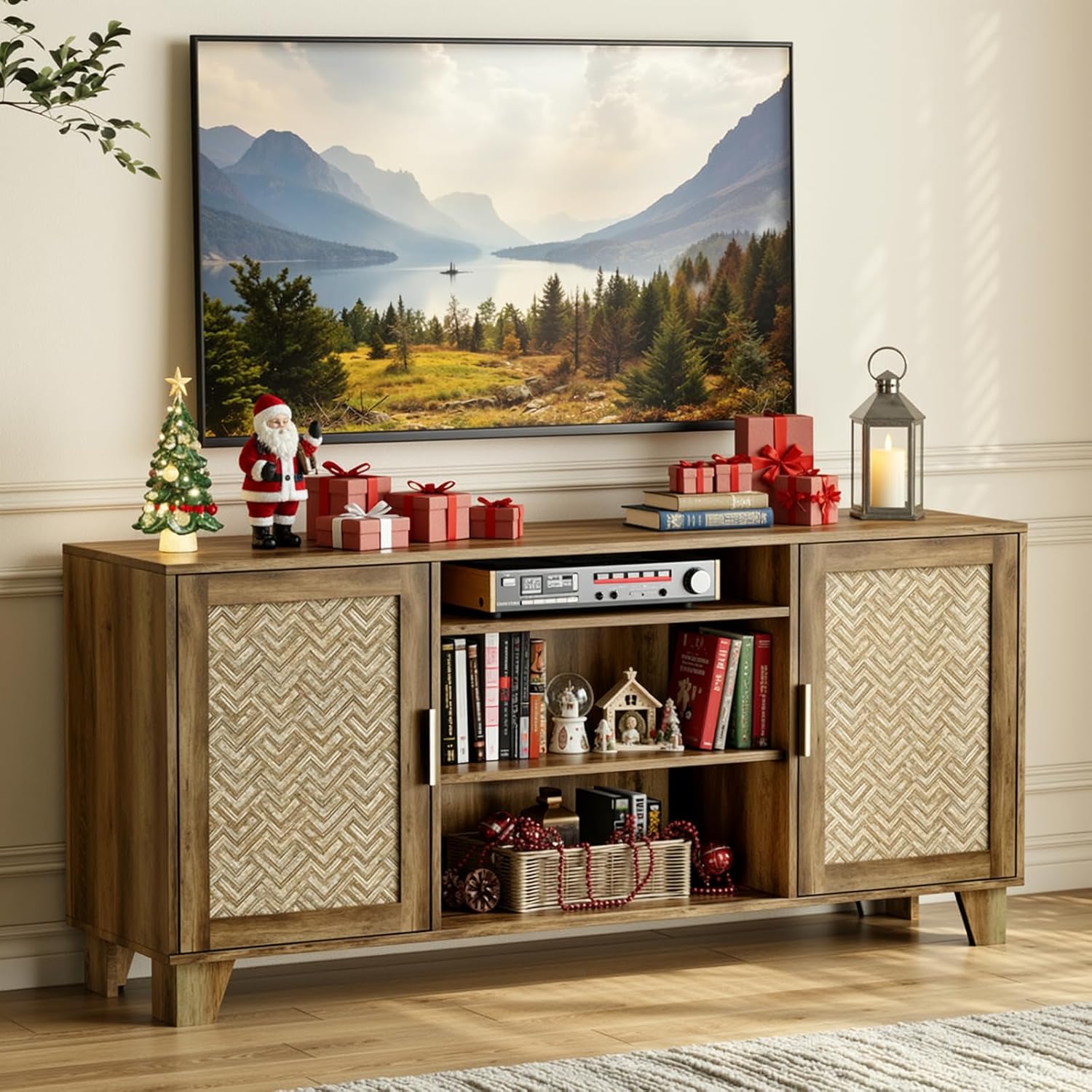 ONBRILL TV Stand for 65 Inch TVs, Boho TV Consoles Cabinet with Power Outlet, Modern Entertainment Center for Living Room, Media Console with Doors and Shelves, 2 Cable Management Holes, Brown