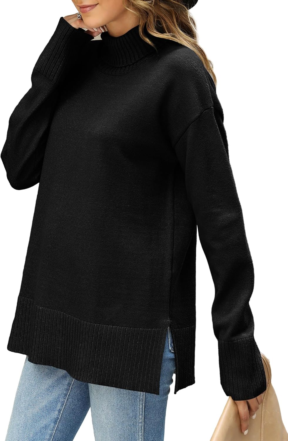 Glanzition Sweaters for Women Turtleneck Side Split Oversized Pullover Tops - Image 3