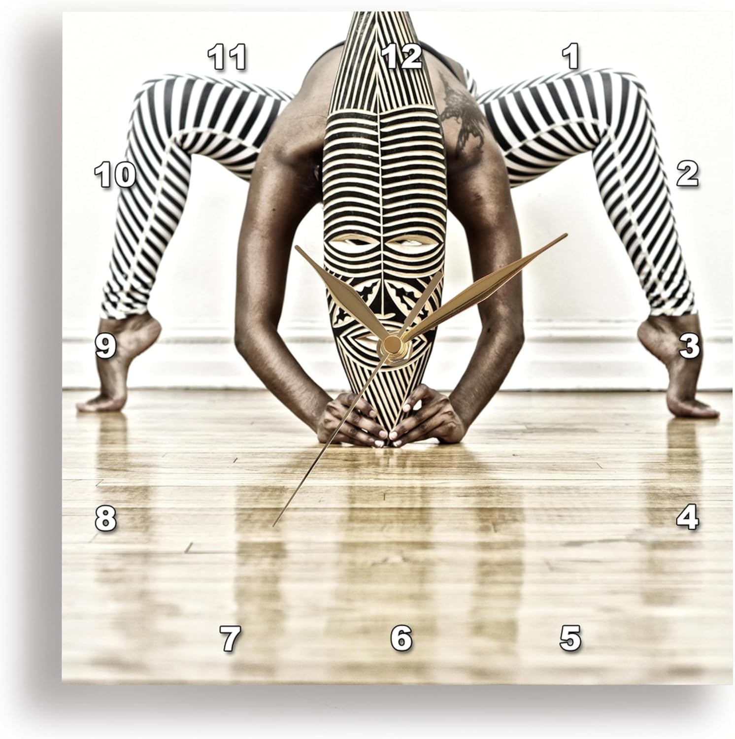 3dRose Wall Clock Silent - 10 inch - Yoga and Dance with African Wooden Mask with Zebra Design - World of Dances and Ballet