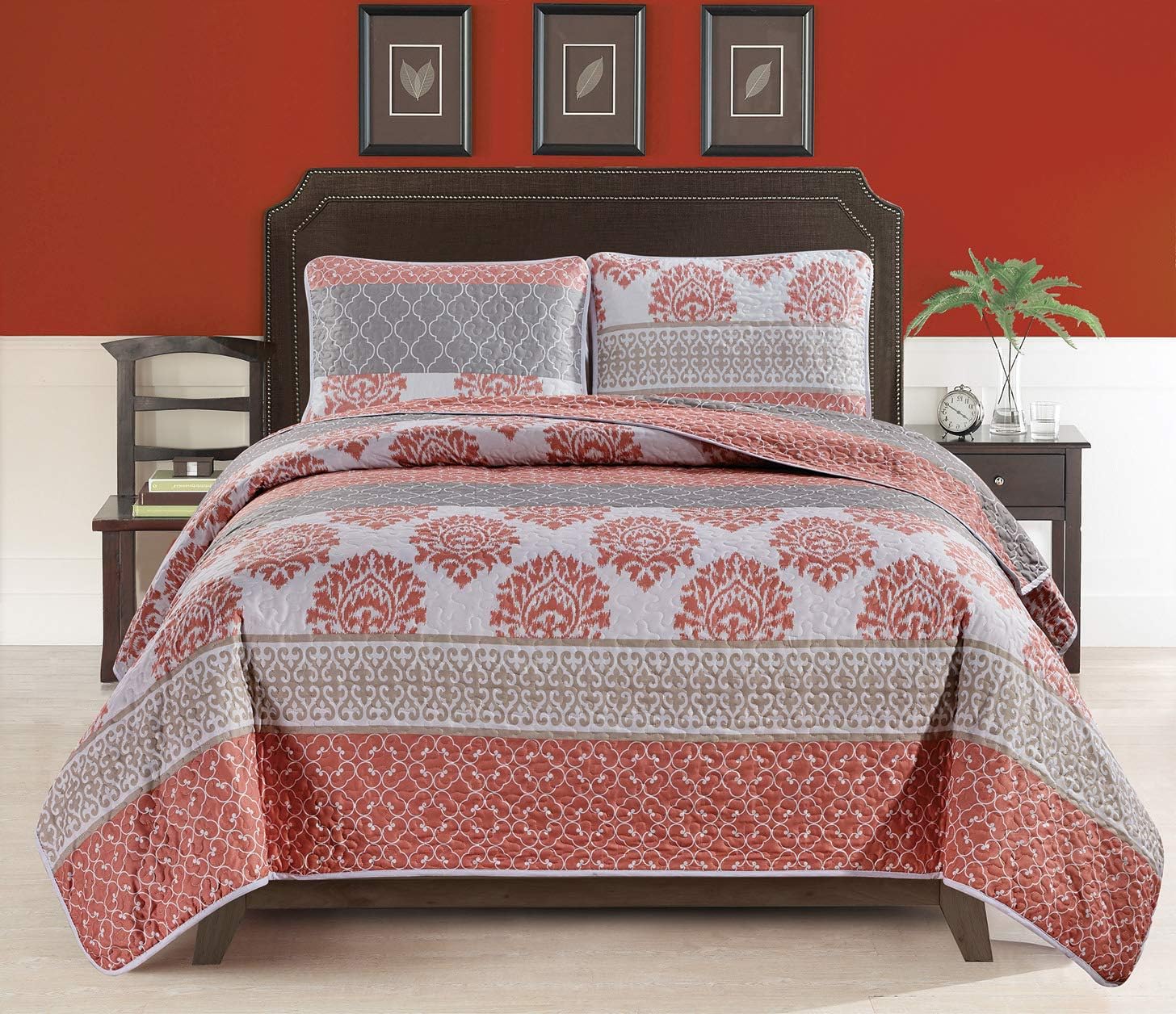 Masterplay 3-Piece Fine Printed (104" X 90") Quilt Set, Bedspread Coverlet King Size Bed Cover (Coral, Grey, Lattice, Stripe)