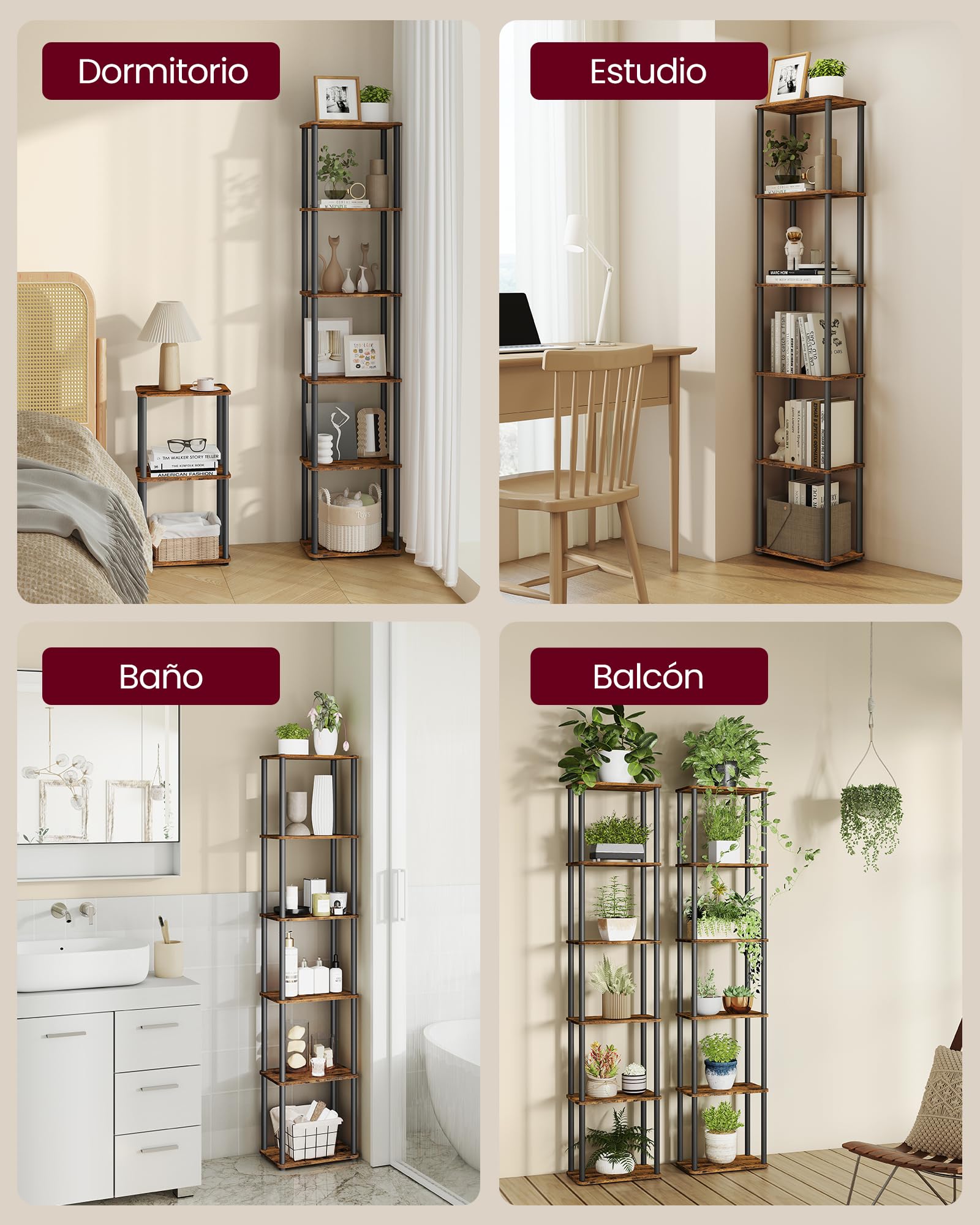 VASAGLE Montaje Súper Rápido sin Herramientas, Estantería de Almacenamiento de 6 Niveles, 23,8 x 38 x 173,4 cm, para Salón, Dormitorio, Cocina, Marrón Rústico y Negro Tinta LLS136K01