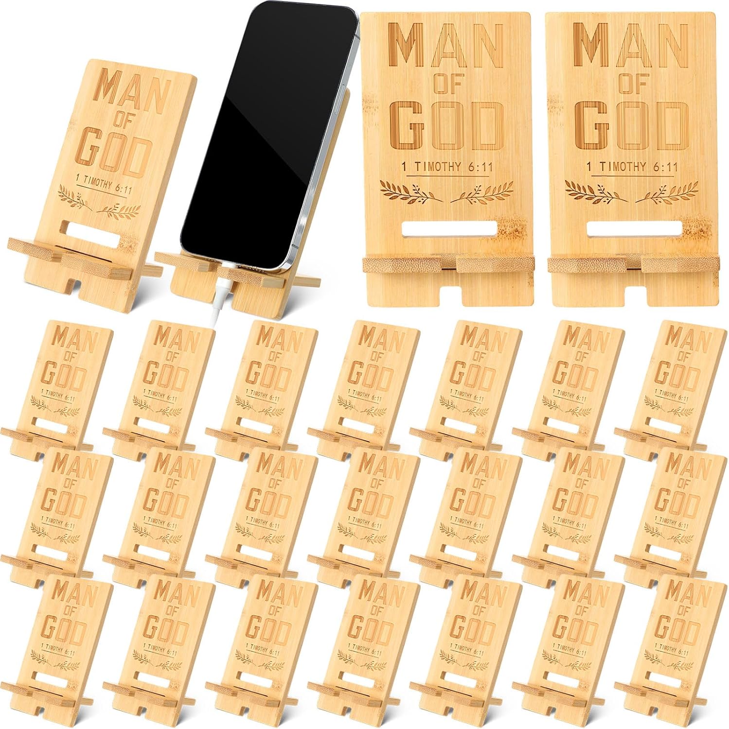 Ripeng 20 Pcs Christian Men of God Gifts Bulk for Church Bamboo Phone Stand for Employee Desk Office Workers Thank You Gift for Team Coworkers Staff Volunteer Teacher Week Colleagues