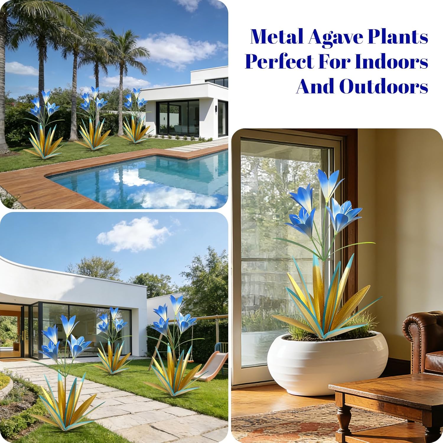 TOMBABY 32.28 Inch Metal Agave Plant Outdoor Decoration Lily Mexican Yard Art Garden Gift Home Decor Hand Painted Metal Agave Garden Yard Statue (2, Blue)