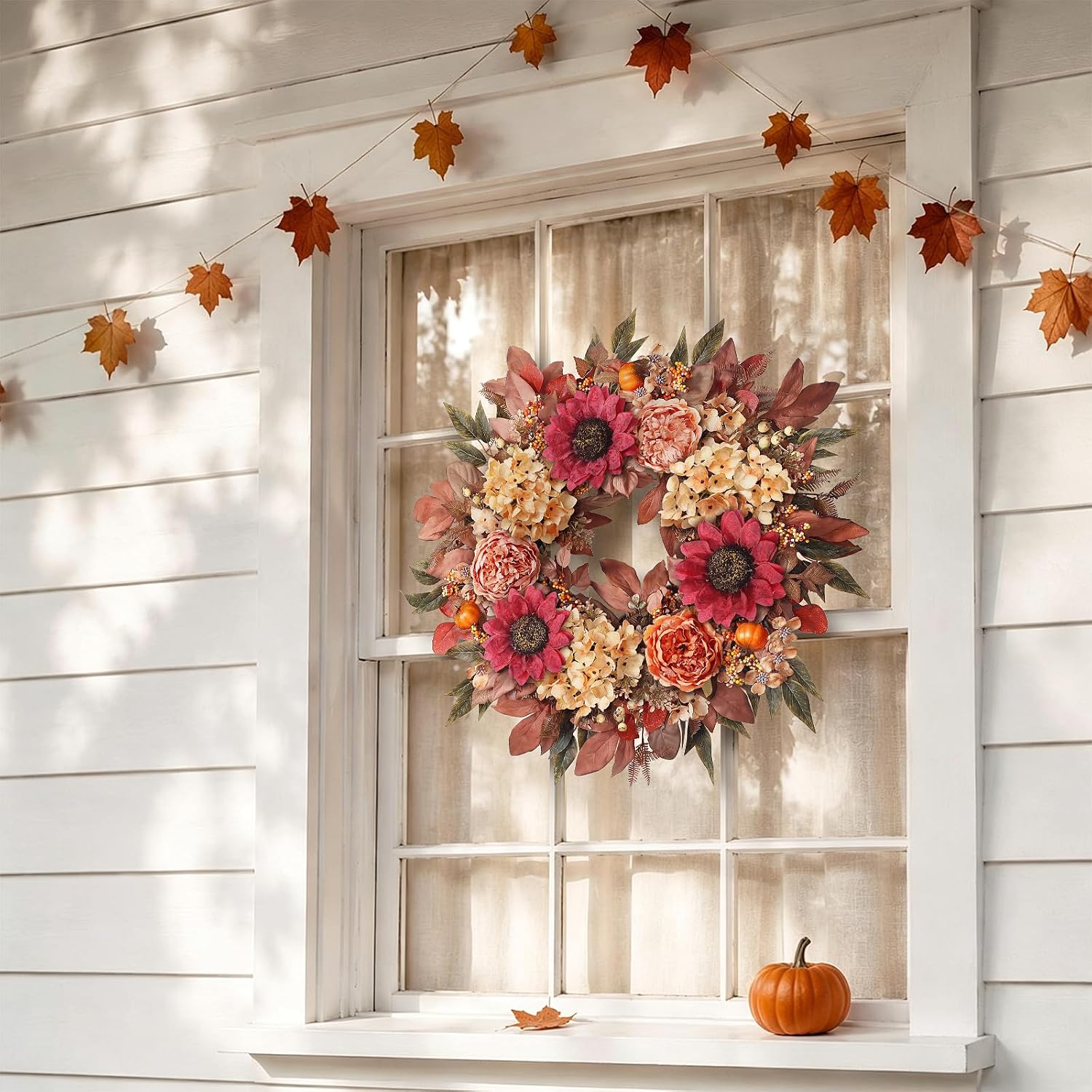 24" Autumn Artificial Wreath with Sunflower＆Peony for Front Door - Fake Fall Wreath Faux Silk Flower for Wall, Window, Home, Farmhouse, Porch, Outdoor Decor (Orange)