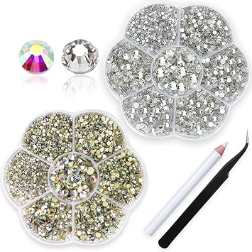 3150Pcs ss4-ss20 Rhinestones,Clear ab Diamond Nails Stone+Transparant White Nail Gems,Small Round Flatback Rhinestones for Crafts/Makeup,Stones for Nail Art With Wax Pen and Tweezer, HINABTRU