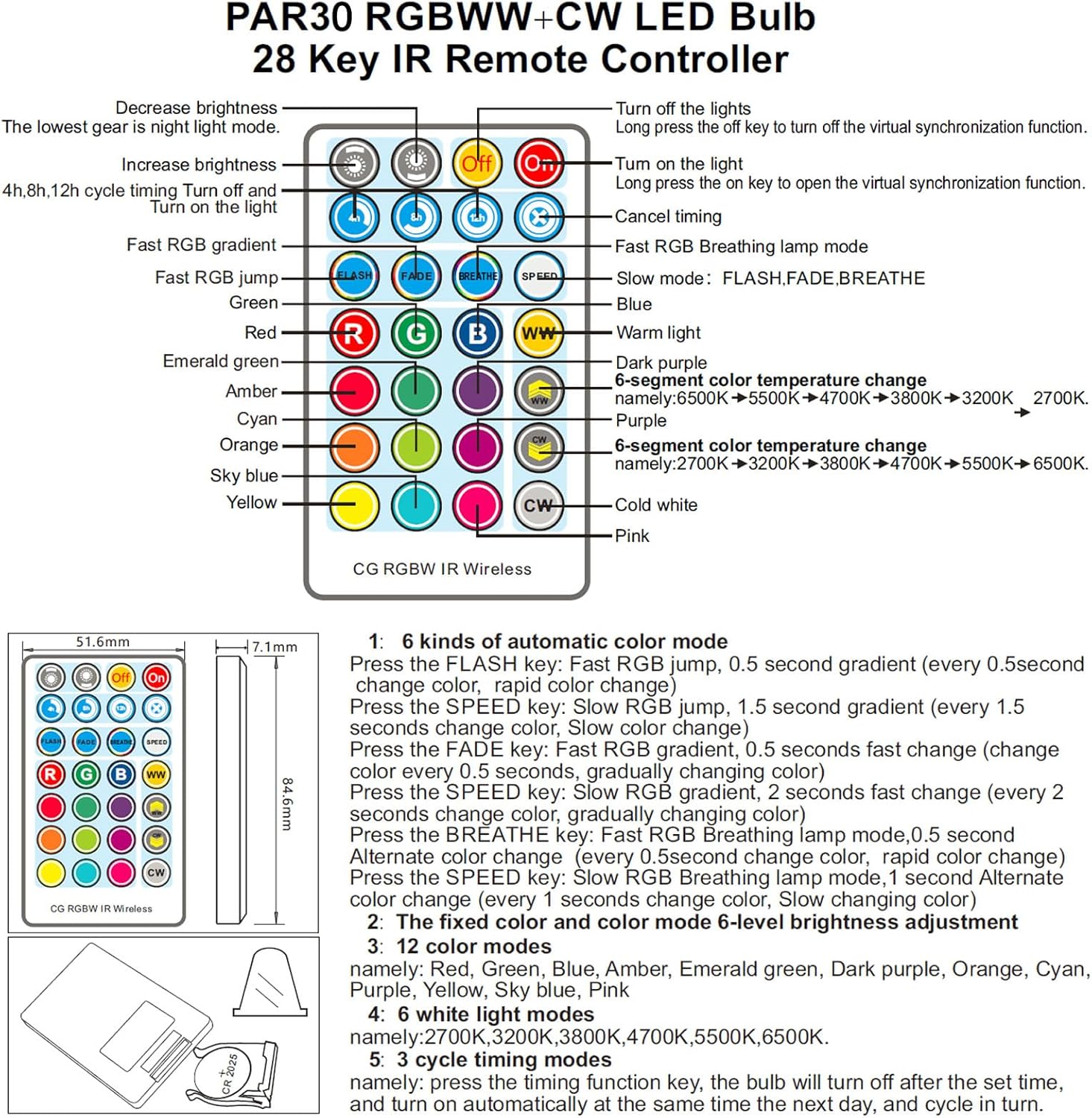 2 Pack,PAR30S RGBWCT LED Bulbs,RGB+Warm+Cool White(2700K-6500K)+Timing, LED Flood Light,Indoor/Outdoor,IR Remote Control, Waterproof Lawn Lamp for Home Courtyard Christmas Party Decoration
