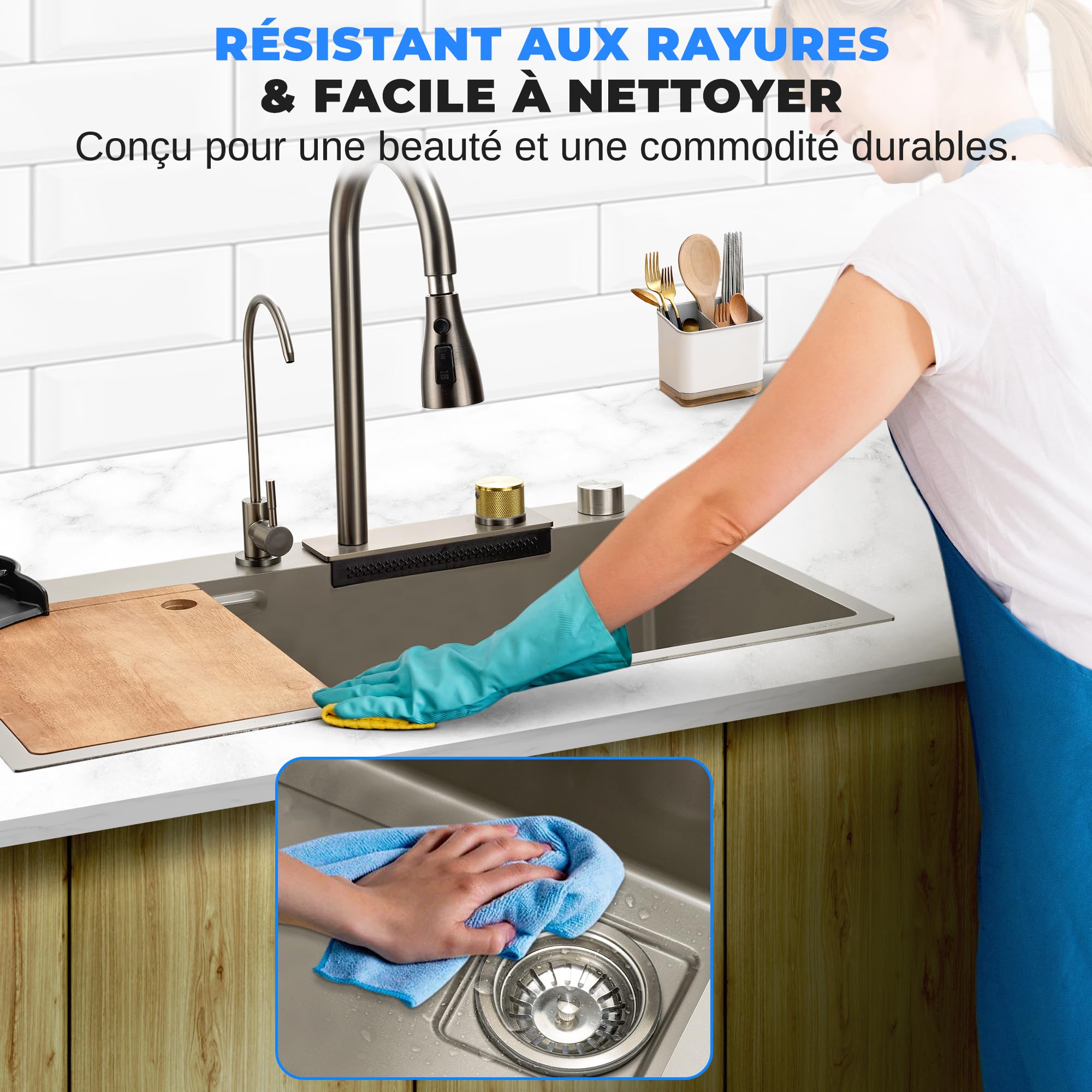 SereneLife Evier Cuisine 1 bac Inox 75 x 46 x 22cm – Evier Cuisine Multifonction avec Égouttoir – Lavabo Cuisine avec Cuve Profonde, Robinet et Lave-Tasses Intégrés, Planche à Découper, Design Moderne