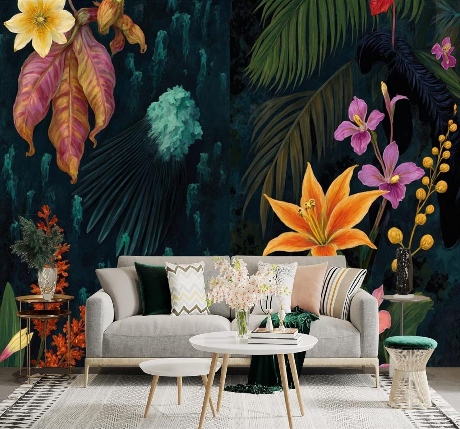 XLMING Tropical Jungle Colourful Flowers Leaves Plants 3D Wallpaper Silky Texture Home Study Office Grey Dining Room Sofa Bedroom Living Room TV Backdrop-350cm×256cm
