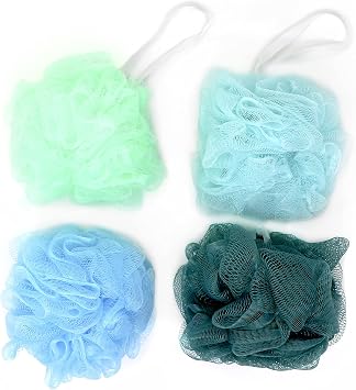 Bath Sponges for Shower 4 Pack Shower Pouf Luffa Sponges Exfoliating Body Scrubber Bath Loofahs Loufa Shower Puff Balls, Bulk Poof Shower Scrunchies Cucumber & Hyaluconic Acid Infused