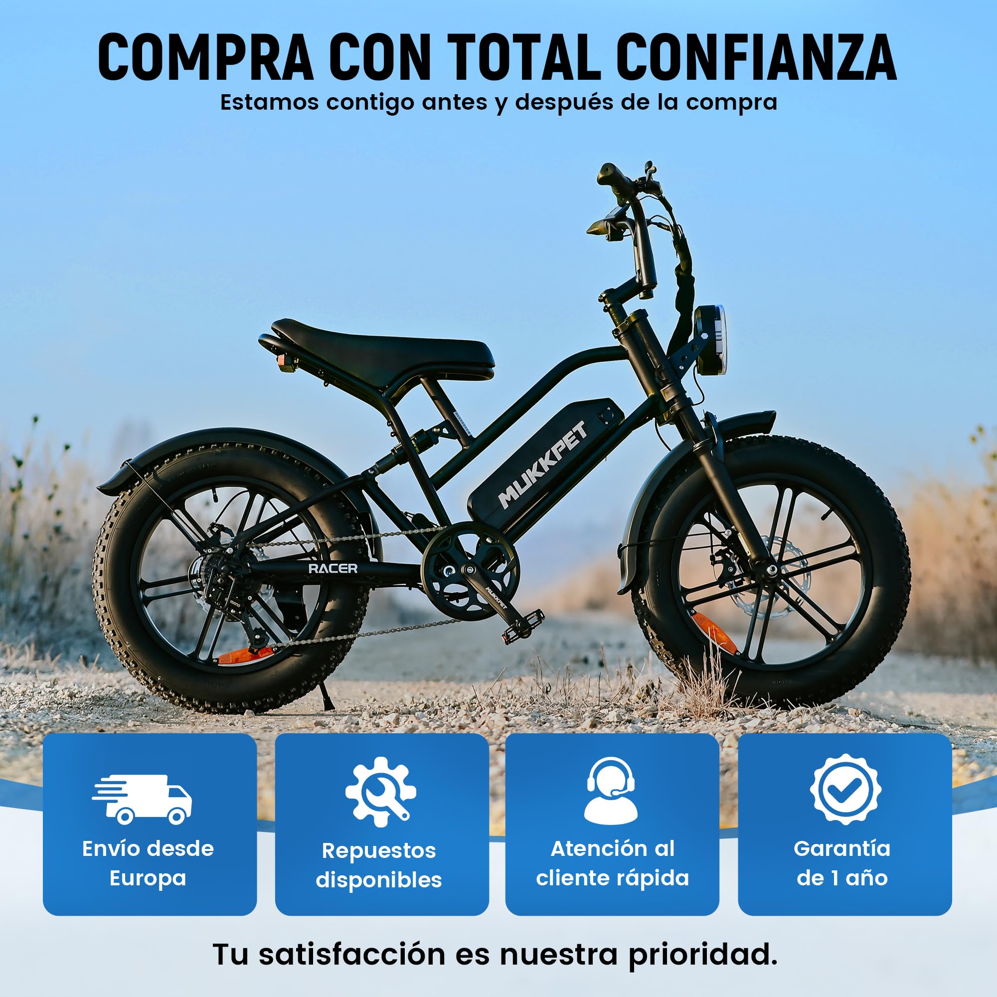 Mukkpet Racer Ebike, Bicicleta EléCtrica 48v 18ah 864Wh, AutonomíA 120 Km, para Adultos, Velocidad Legal 25 Km/H, Todoterreno, Doble SuspensióN, 7 Velocidades, NeumáTicos Fat 20” X 4.0