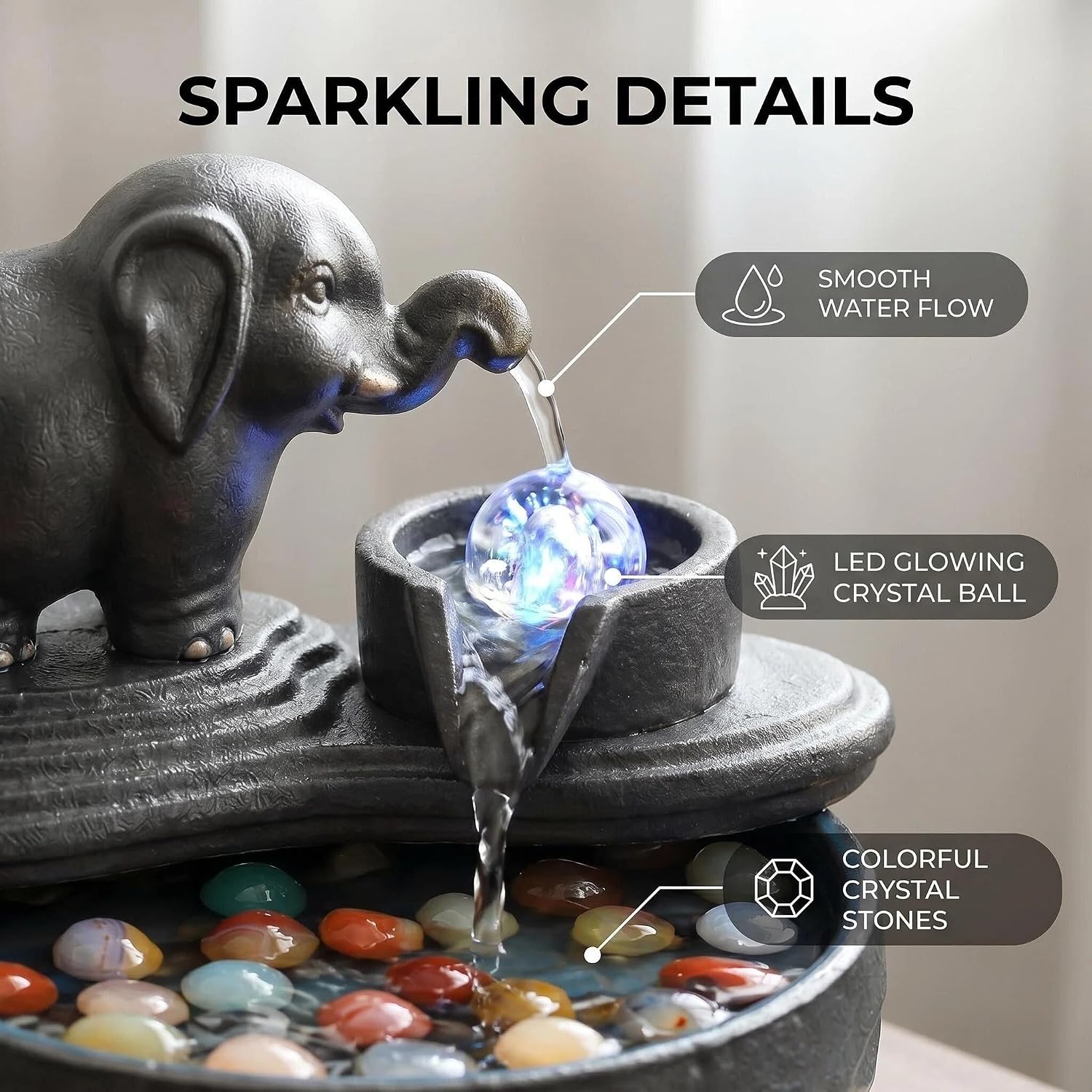 7.8" Ceramic Small Elephant Tabletop Water Fountain with LED Light | Indoor Fountain, Desktop Waterfall with Pump, Crystal Ball & Crystal Stones, Zen Home Decor for Living Room Office Bedroom