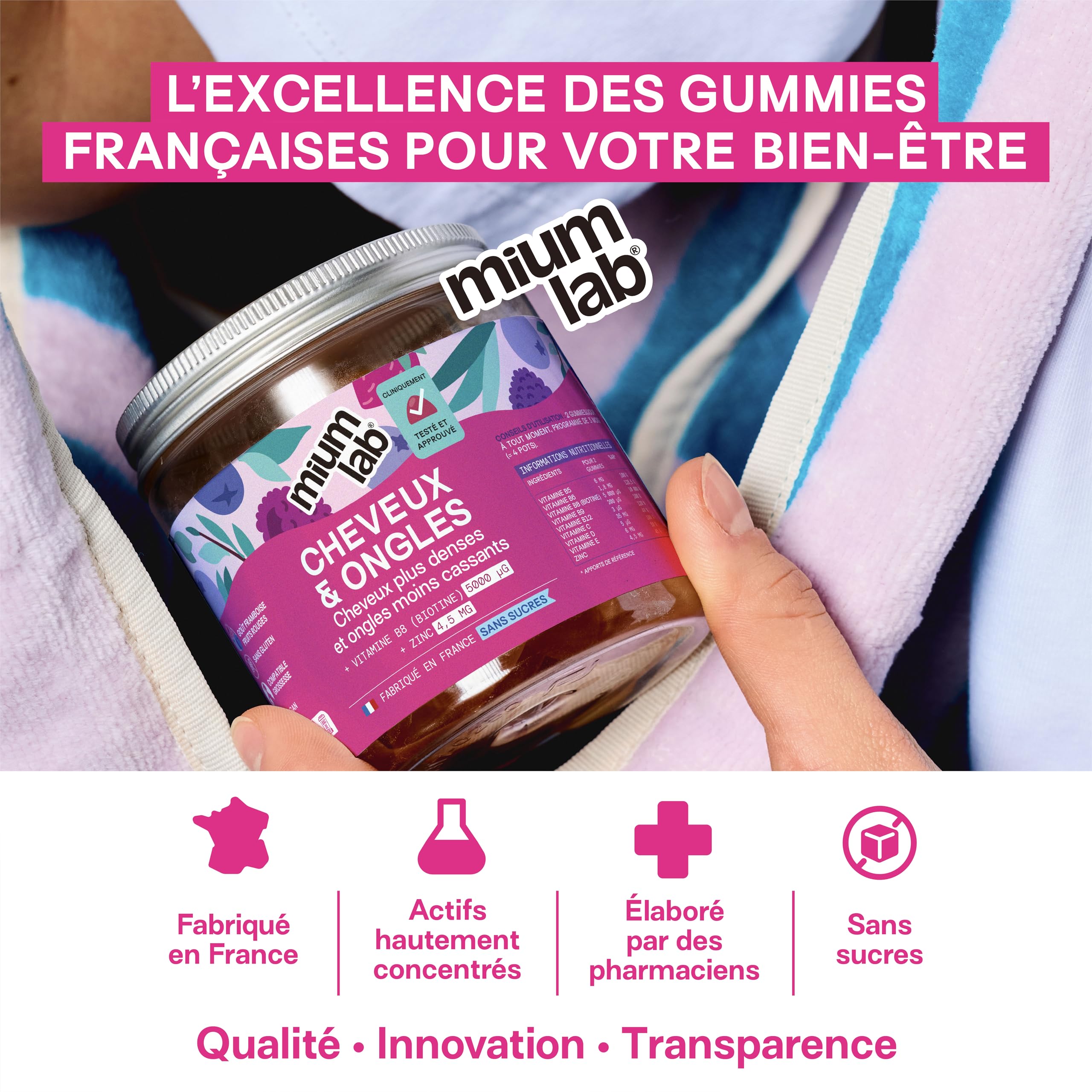 Mium Lab - Cure 21 jours - Pousse & Fortification Cheveux et des Ongles - Cliniquement testé & Hautement dosé (10000% Biotine) | Gummies Goût Fruits Rouges Sans Sucre | Fabriqués en France