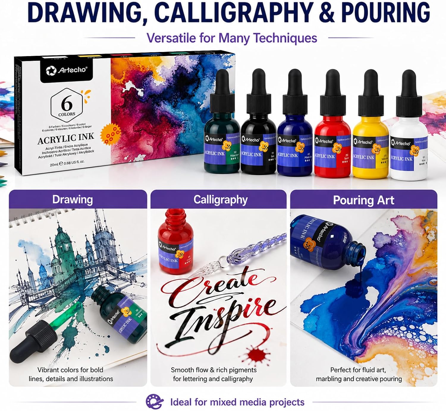 Artecho Acrylic Ink Set, 18 Colors, 20ml Dropper Bottles