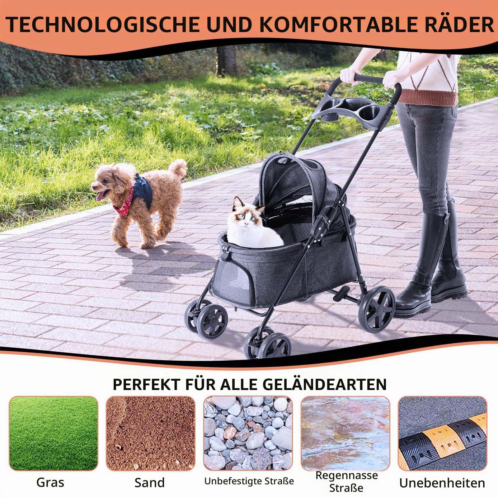 Hundewagen Faltbarer Hundebuggy Hundebox Transporttasche bis 15 Kg Haustier Buggy mit Netzfenstern Haustier Transportwagen Hunde Jogger Buggy Katzen Wagen(Schwarz)