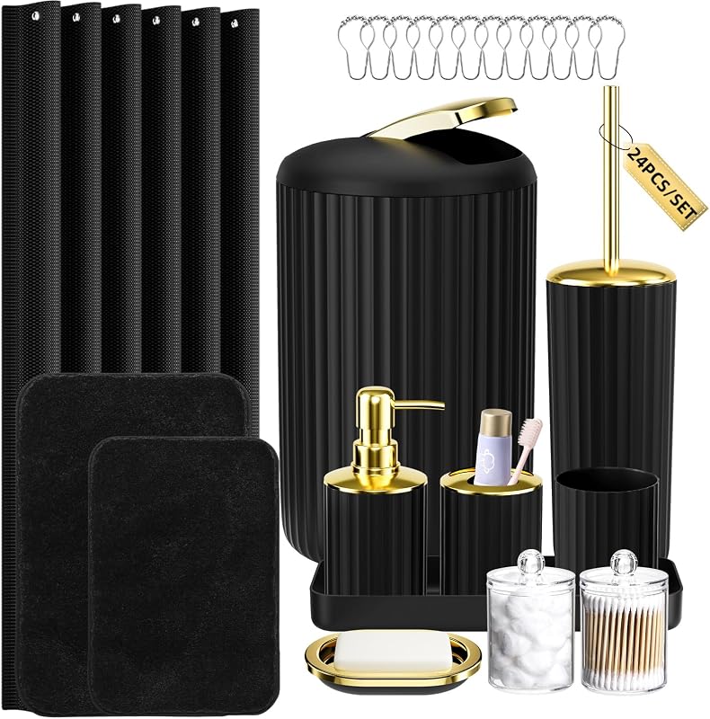 XLHOMO Black Bathroom Accessories Set Complete with Shower Curtain and Rugs | 24PCS Bathroom Accessory Sets with Toothbrush Holder, Soap Dispenser, Soap Dish, Toilet Brush, and Bathroom Trash Can