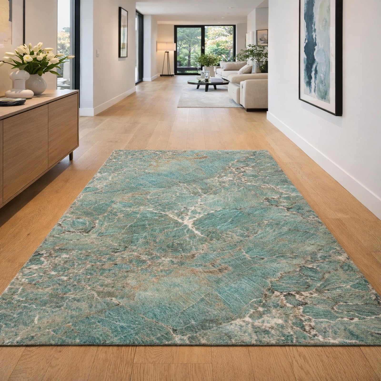 Tapis abstrait vert et gris 150x150 cm carré lavable pour le salon