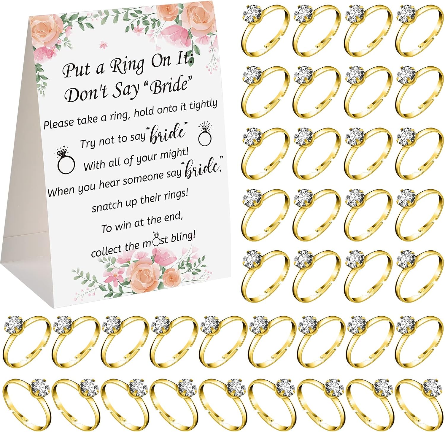 Woanger Put a Ring on It Bridal Shower Game with 50 Fake Rings, Rustic Greenery Theme Wedding Shower Games Wedding and Engagement Rings and Not Say Bride Rules Cards(Bright Flowers,Gold)