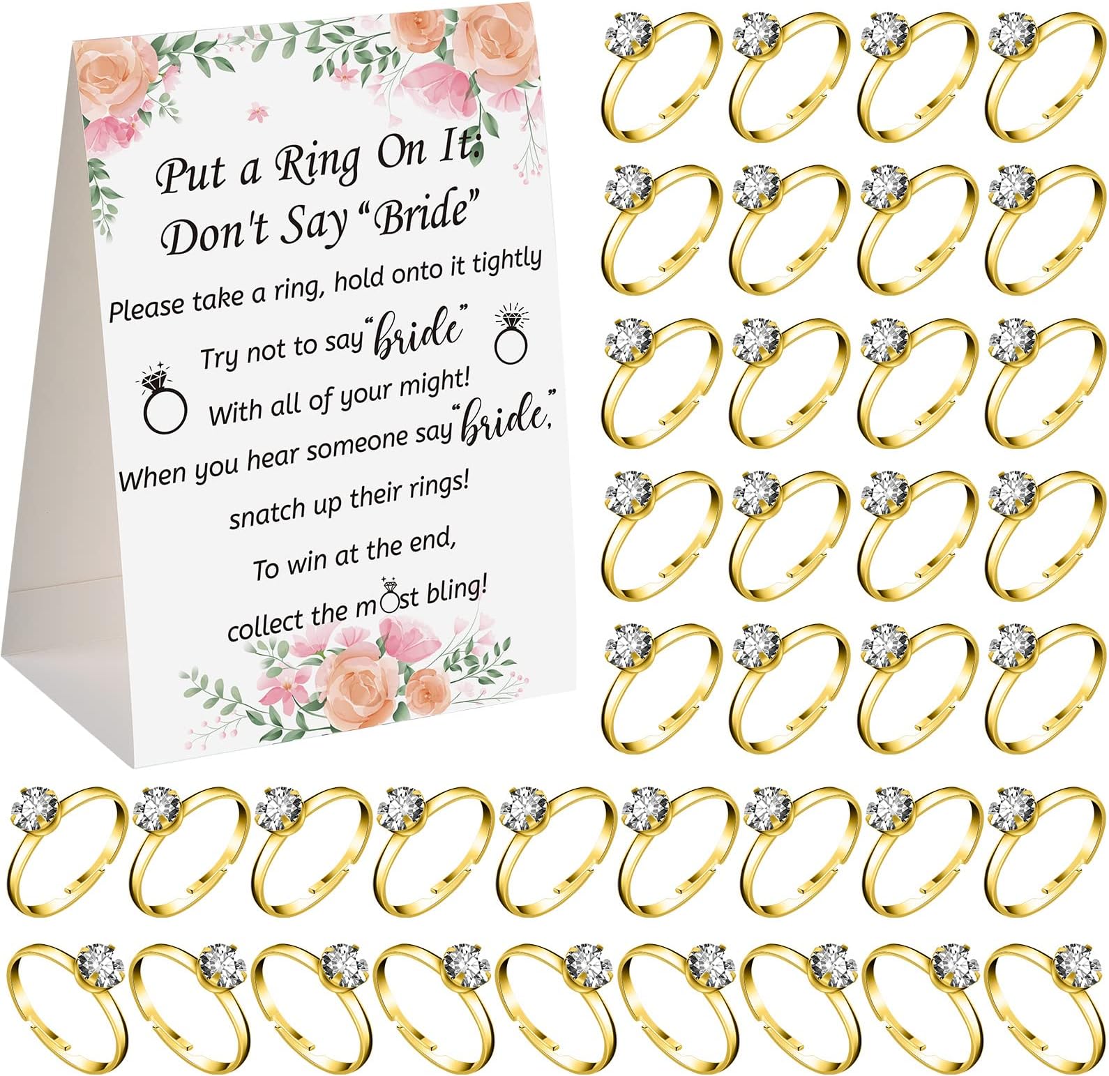 Woanger Put a Ring on It Bridal Shower Game with 50 Fake Rings, Rustic Greenery Theme Wedding Shower Games Wedding and Engagement Rings and Not Say Bride Rules Cards(Bright Flowers,Gold)