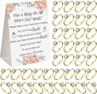 Woanger Put a Ring on It Bridal Shower Game with 50 Fake Rings, Rustic Greenery Theme Wedding Shower Games Wedding and Engagement Rings and Not Say Bride Rules Cards(Bright Flowers,Gold)