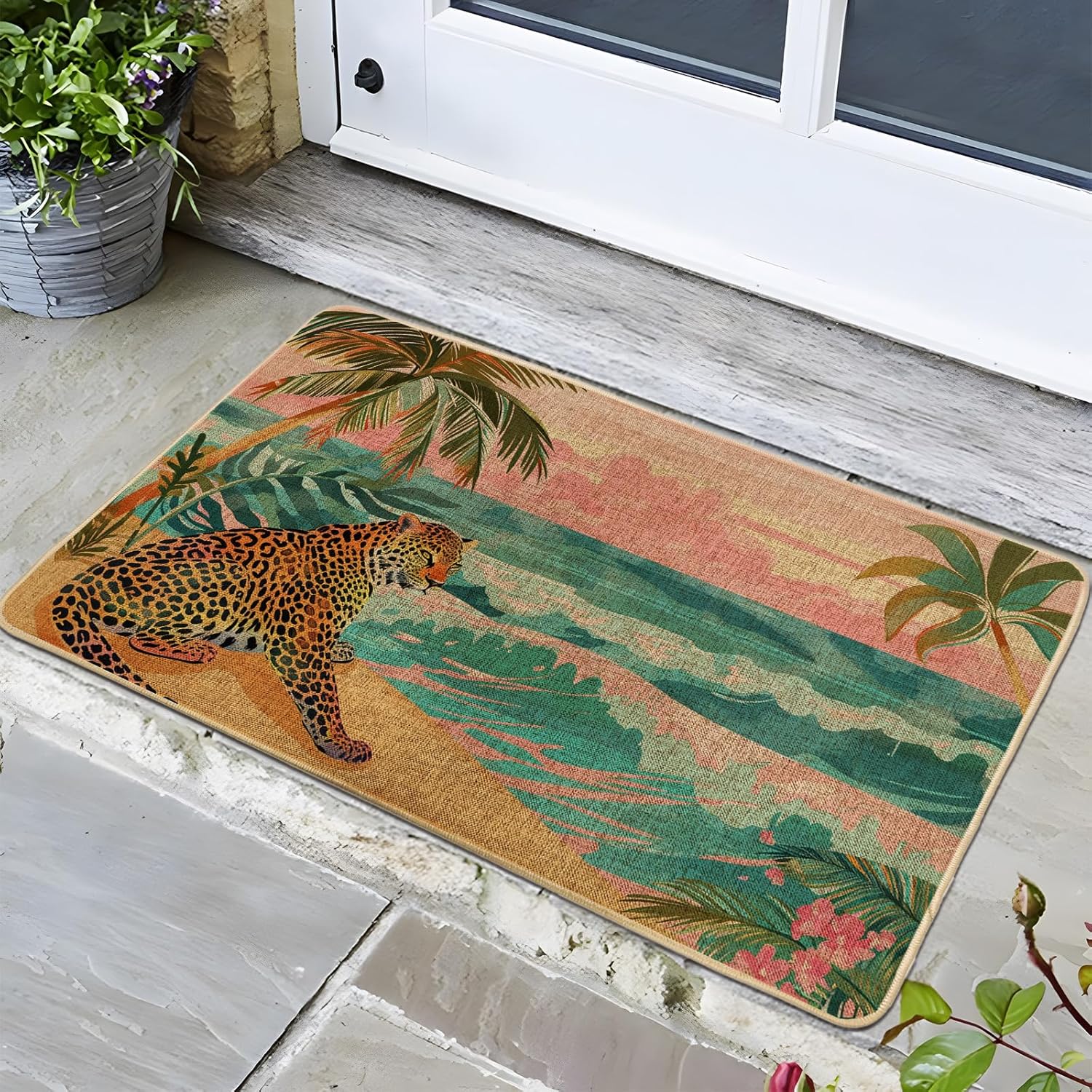 Summer Tropical Paradise Doormat, Leopard Beach Door Mat for Outdoor & Indoor Entrance Decor, Waterproof Non-Slip Dust Absorbent Front Doormat, Easy Clean 29x17 Inch
