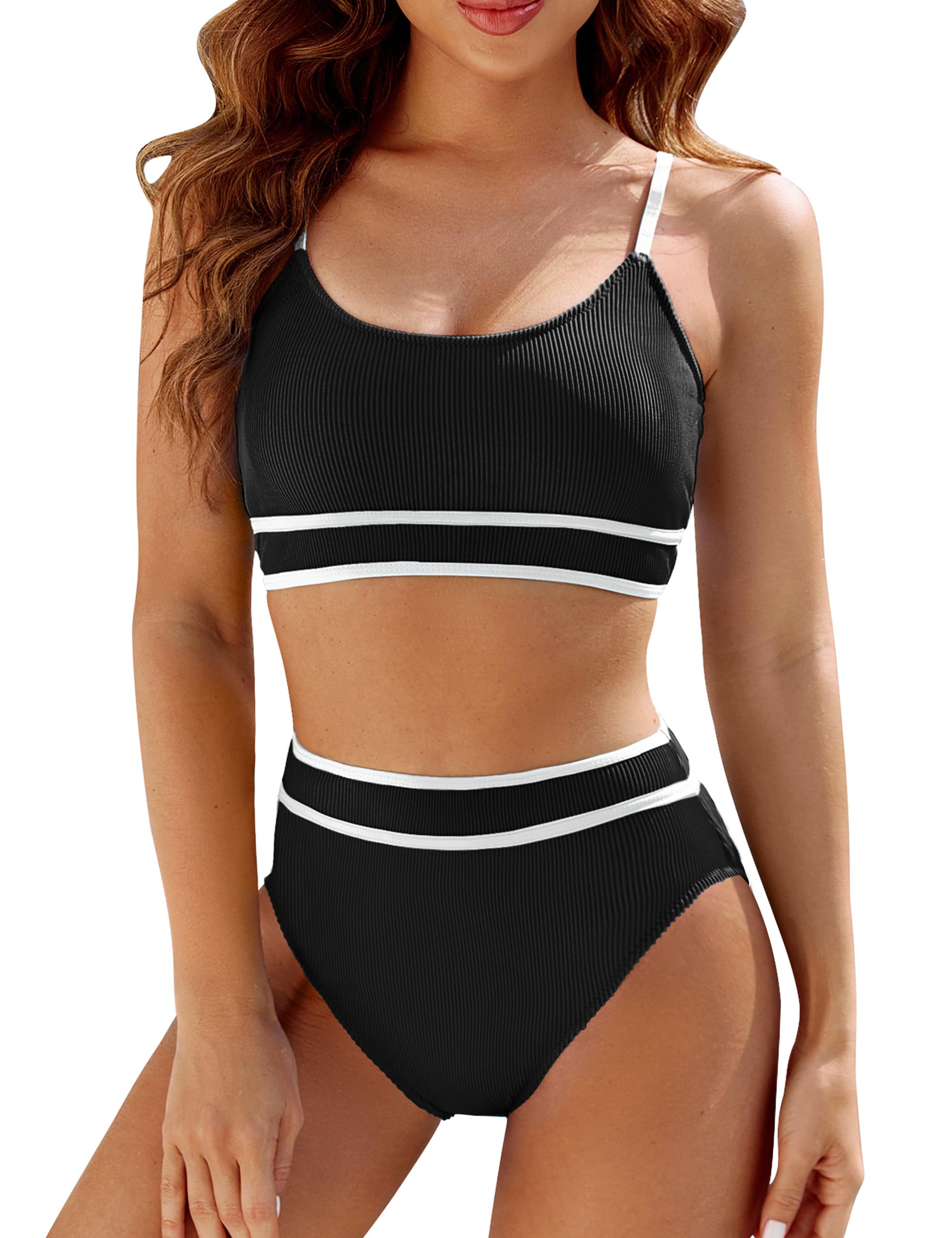 bmjl women's high waisted bikini ribbed two piece swimsuit high cut color block adjustable straps bathing suit
