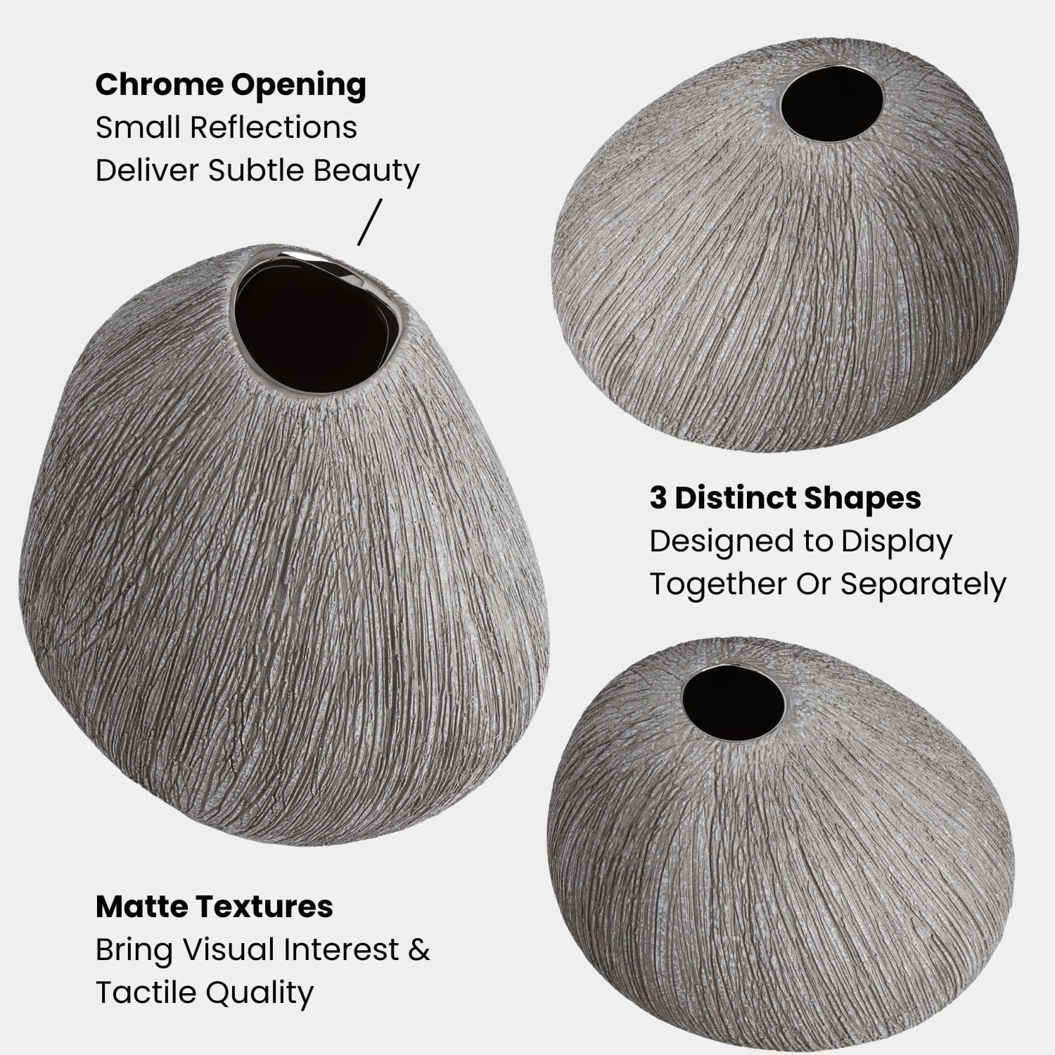 Torre & Tagus Modern Ceramic Bud Vases Set of 3, Handmade Stone Vase with Textured Finish, Pebble Rock Vase Set for Flowers, Stone Vases for Home Decor & Zen Wedding Decor (Gray)