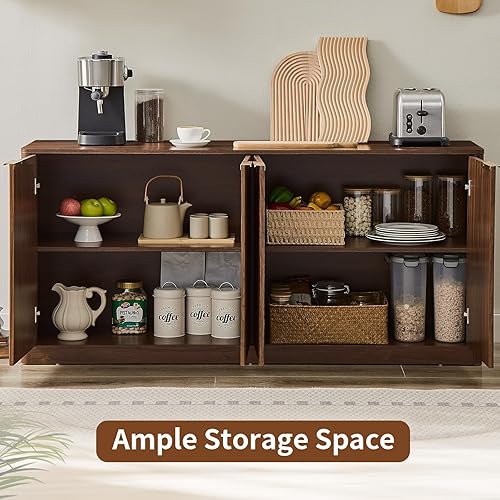 Miniatura 4 de Aparador de buffet de 59 pulgadas con almacenamiento, aparador moderno de acento acanalado de 4 puertas, armario de TV grande para sala de estar,