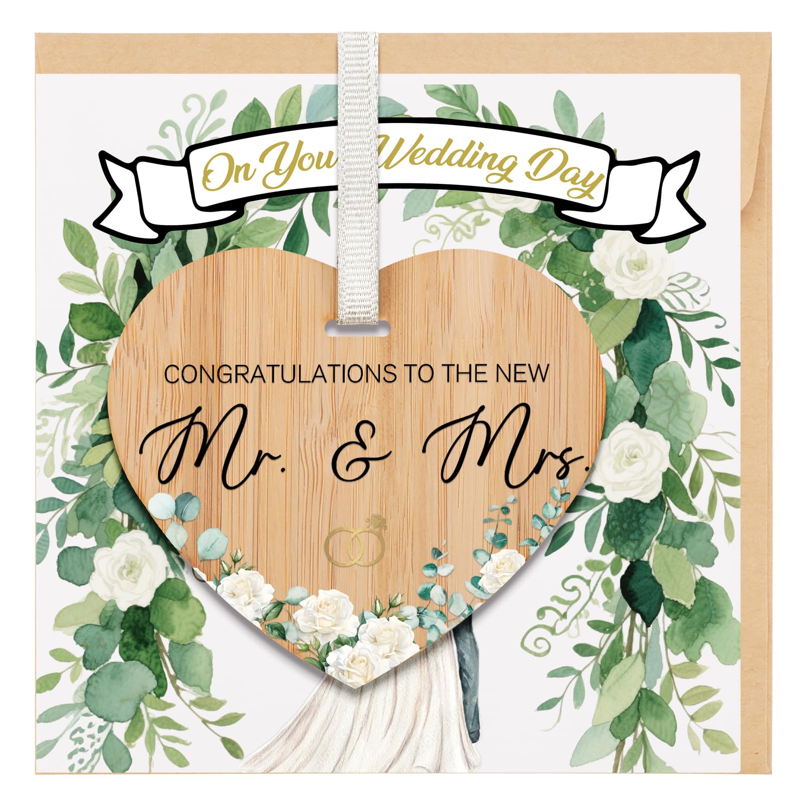 TheGiffter Wedding Card for Bride and Groom, Congratulations Gift Cards with Envelope 150x150mm, On Your Wedding Day Gifts for Bride and Groom Mr and Mrs with Wooden Heart Plaque