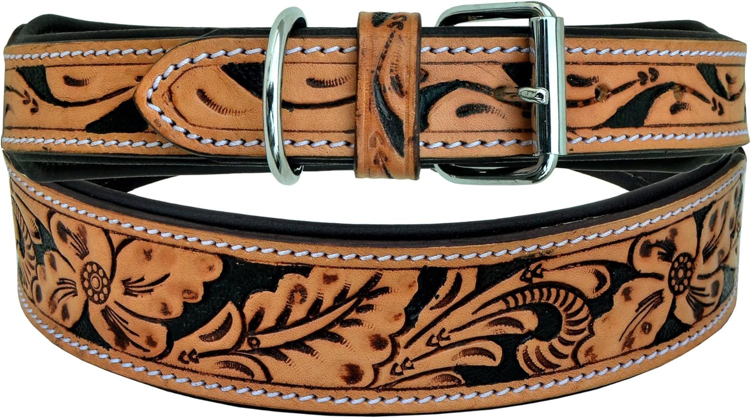 Affilare Leather Dog Collar Western Style Heavy Duty Hand Tooled Adjustable Padded Soft for Puppies and Big Dogs 10AB104-M