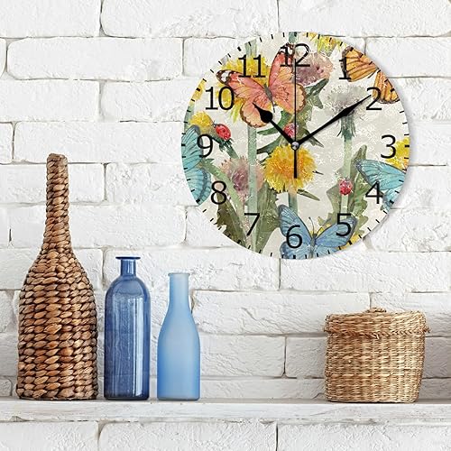 Miniatura 6 de ALAZA Reloj redondo sin tictac, flores de dientes de león, mariposas, decorativo, funciona con pilas, para escritorio, sala de descanso,