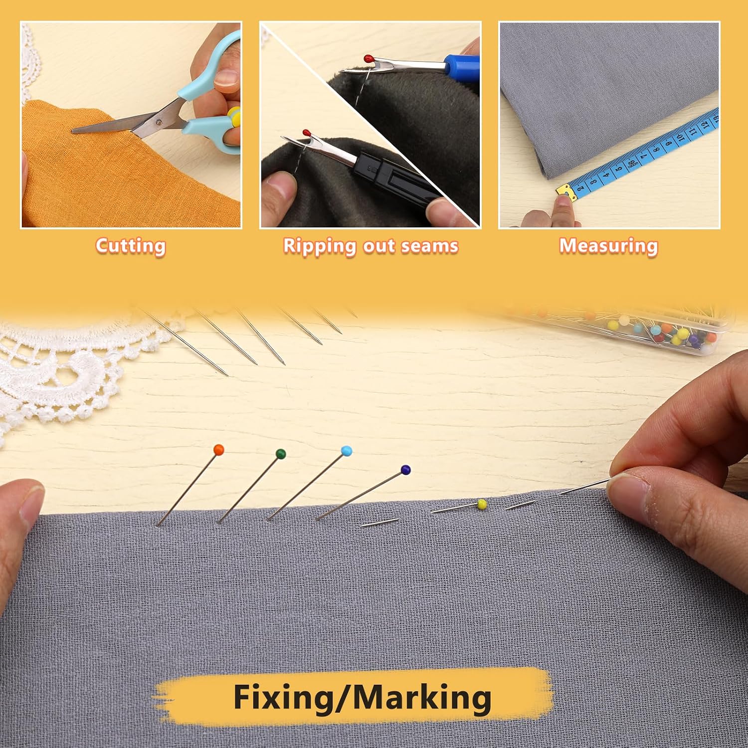 300 Pieces Multicolor Sewing Pins - Pin Cushion 32mm Straight Quilting Pins Including Sewing Seam Ripper Scissors Soft Tape Measure for Dressmaking Jewelry Decoration