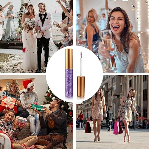 Miniatura 6 de Rosarden Delineador de ojos líquido con purpurina, delineador de ojos con purpurina morada, resistente al agua, de secado rápido, brillo metálico,