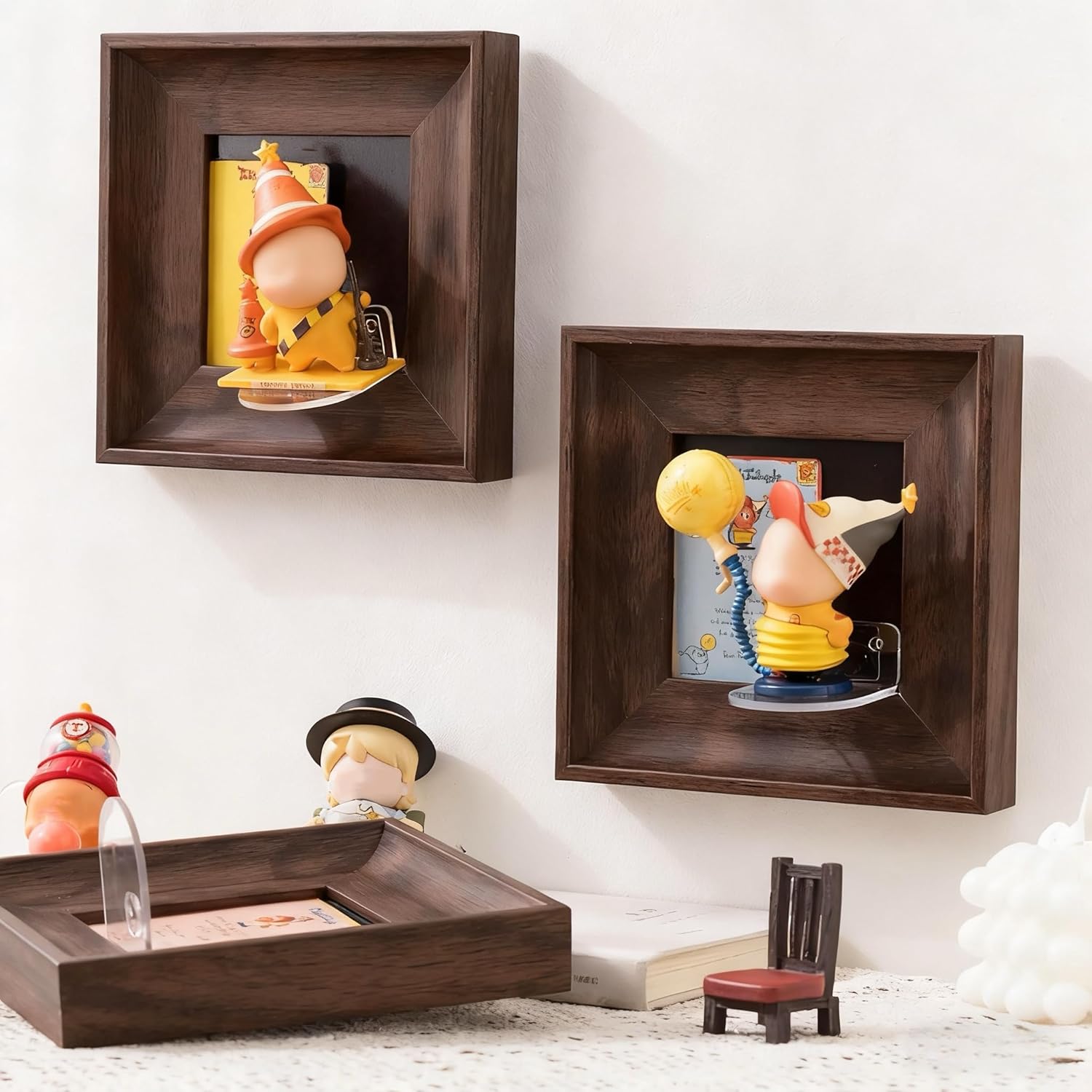 Blind Box Figure Display Frame 6.8 x 6.8 Inch,Nail-Free Walnut Finish Wall Mount, for Popmart Toy Displays& Mini Action Figure Collectibles PAZYNORA