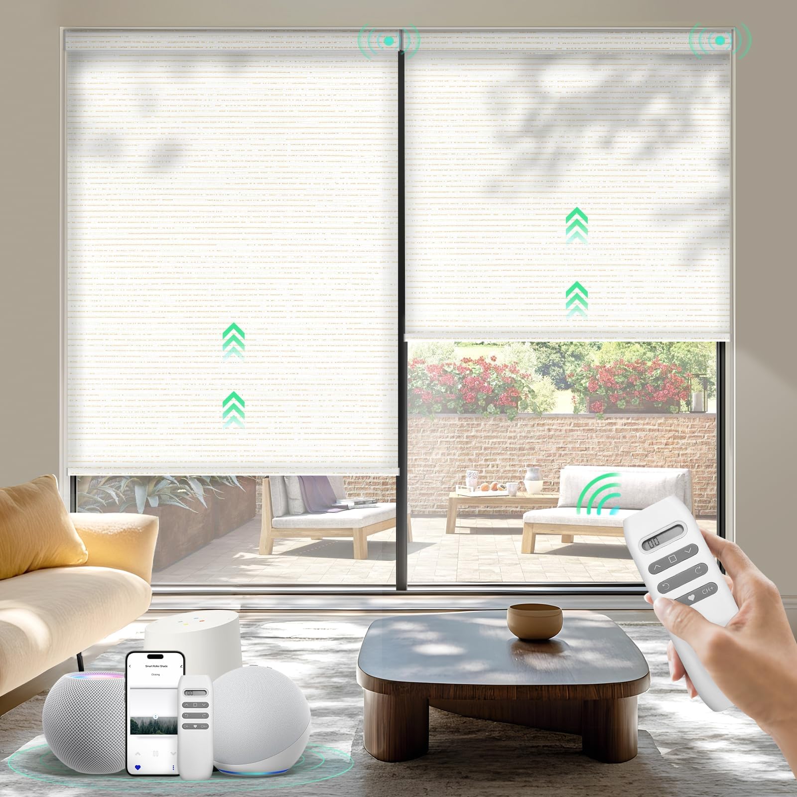 HeyBlinds Motorized Blinds with Remote, Smart Roller Shades with App & Voice Control, Work with Alexa Google HomeKit, Light Filtering Custom Window Shades for Living Room Office (Sun Kissed-Creme LF)