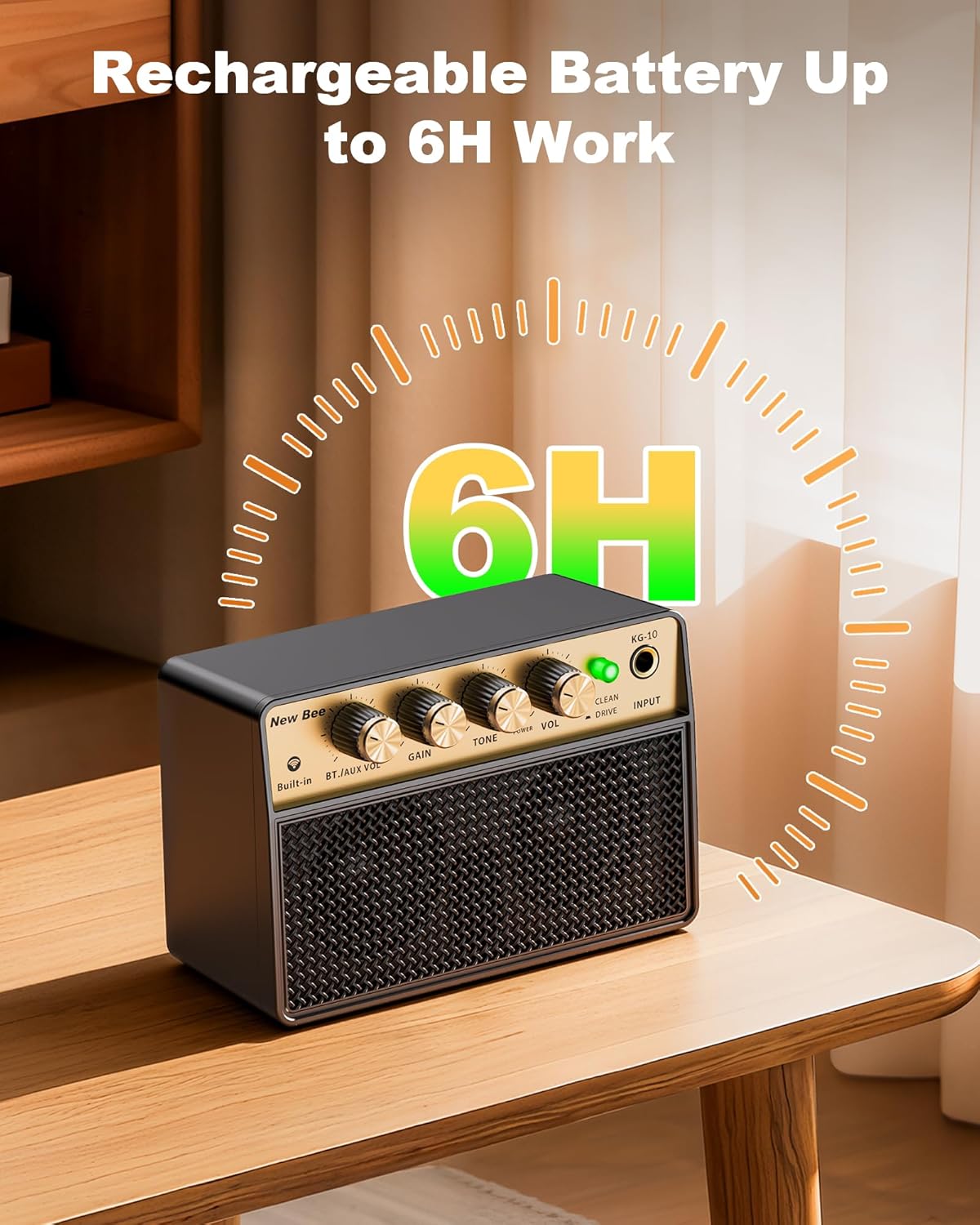 Mini Guitar Amp, 10W Electric Guitar Amplifier with Clean Drive Channel, 3.5mm Headphone/AUX Jack, 6H Work, USB-C Rechargeable Bluetooth Small Portable Amp for Indoor Practice Travel