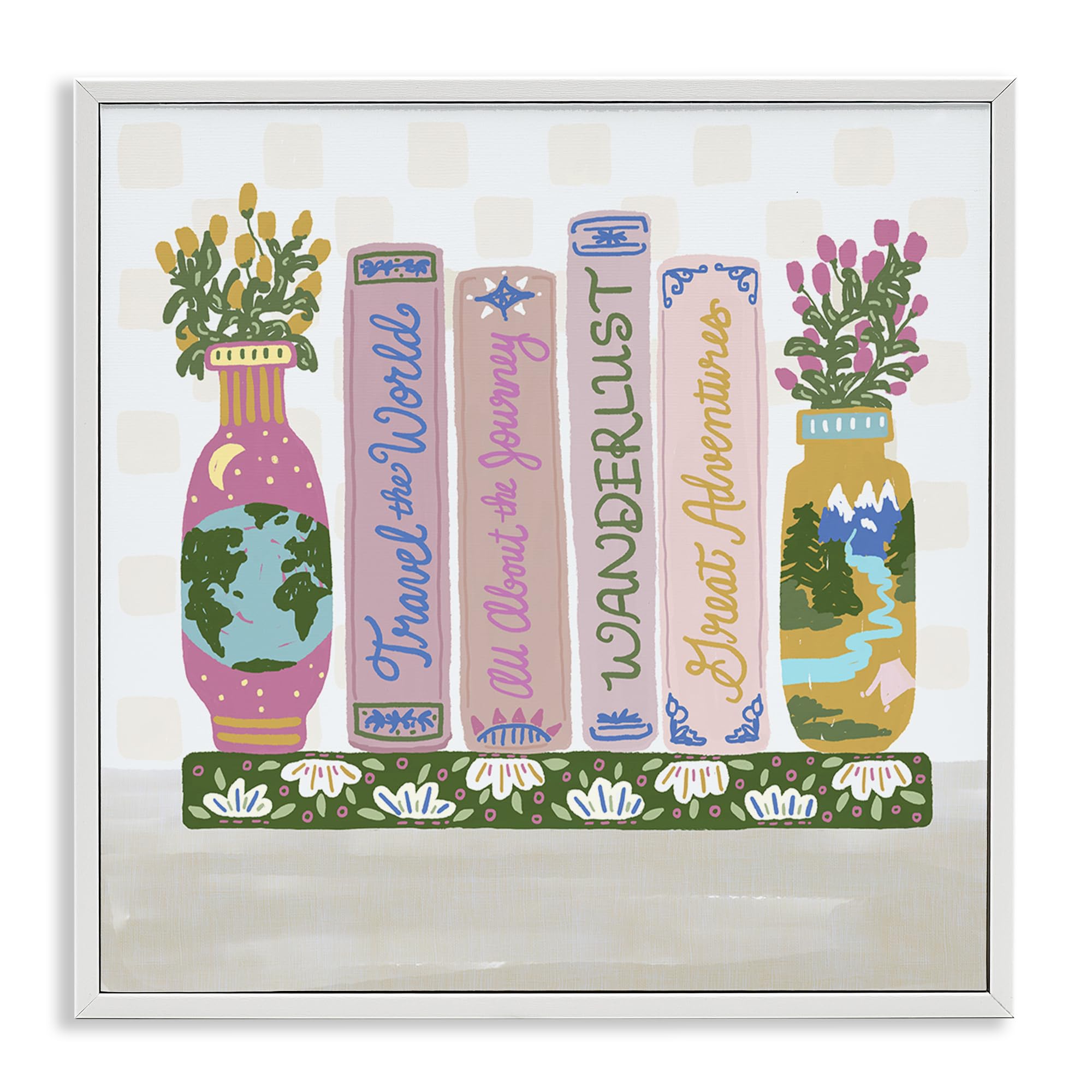 Stupell Industries Coastal White (Textured) 'Boho Travel Books Shelf'| Framed Giclee Art