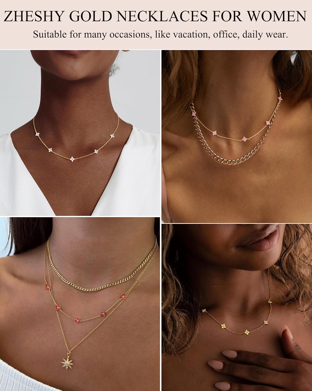 Birthstone Gold Necklace for Women Dainty Non Tarnish 14K Gold Plated Diamond Choker Necklaces Clover Emerald Green Cubic Zirconia Necklace Birthday Valentine's Day Gifts Womens Prom Gold Jewelry - Image 6