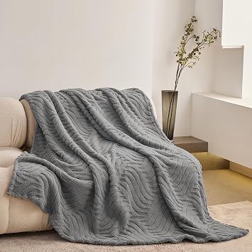 Home Fleece Throw Blanket for Couch, Bed, TV, Party, and Gift - 3D Jacquard Decorative Blankets - Cozy Soft Lightweight Fuzzy Flannel Blanket, All Seasons, 50x60 Inches, Light Grey - Wave