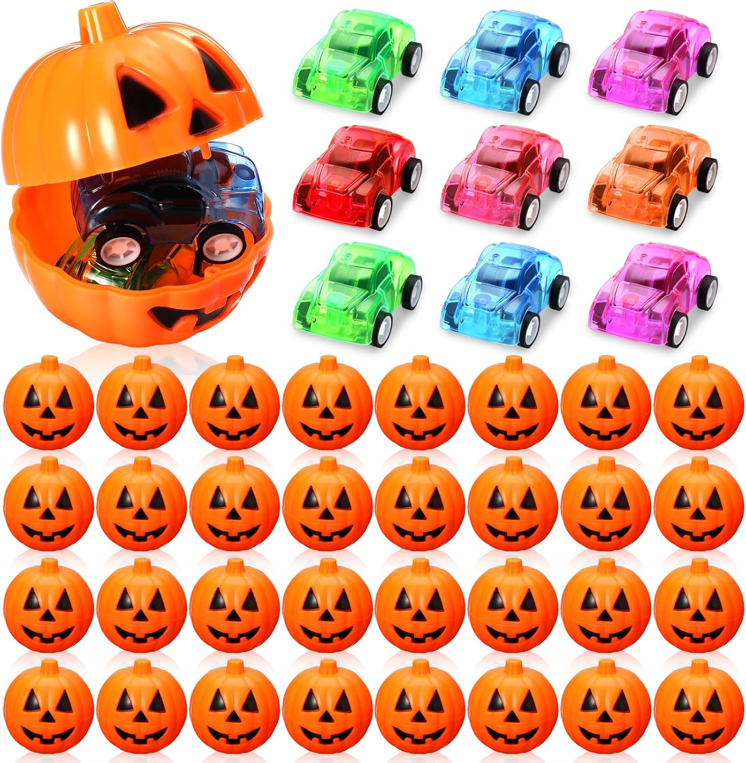 Jenaai 72 Pcs Halloween Party Favors, 36 Pumpkin Jars 36 Pull Back Cars