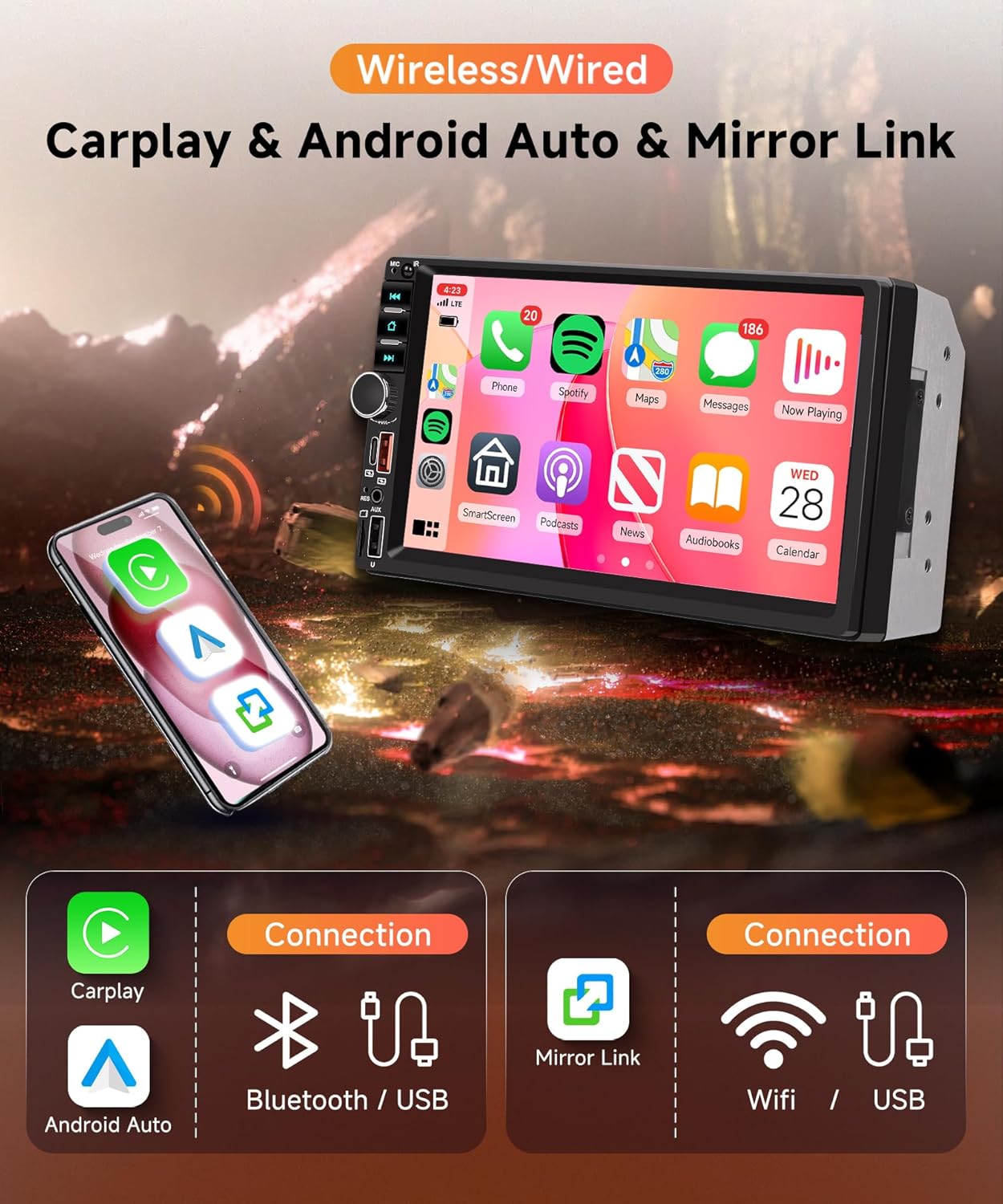 Rimoody Double Din Car Stereo, 7 Inch Touch Screen Wireless Carplay & Android Auto, Car Radio with Bluetooth/FM/EQ/SWC/MIC, Backup Camera Included, USB/AUX/TF/Type-C Car Audio Receiver