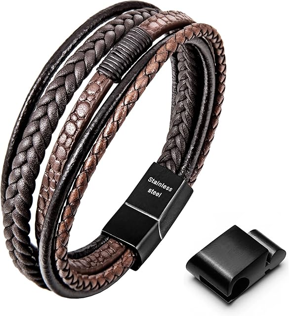 Speroto Mens Bracelet, Adjustable Premium Leather Bracelet for Men in Black and Brown with Stainless Steel Magnetic Clasp, Multi-Layer Braided Genuine Leather Bracelet Gift Idea for Men/ Women