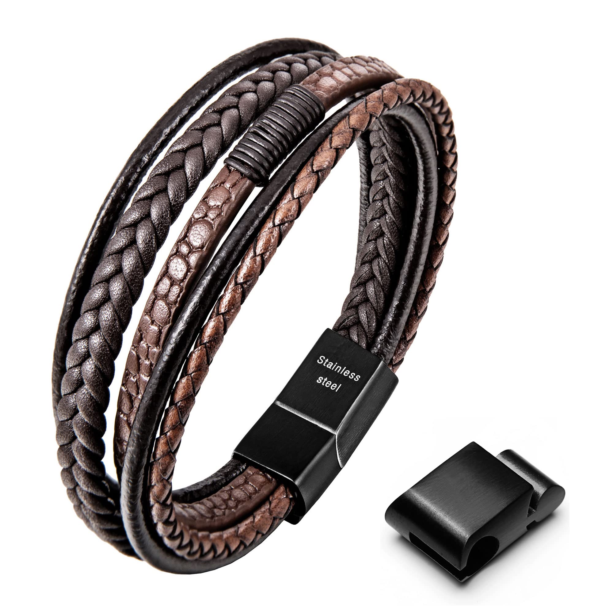 SperotoMen's Adjustable Premium Leather Bracelet - Black/Brown with Stainless Steel Magnetic Clasp, Multi-Layer Braided Genuine Leather Gift for Men/Women