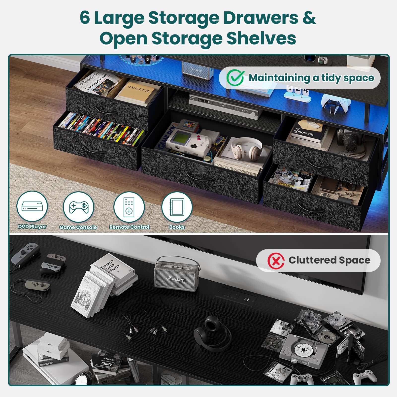 BTHFST TV Stand with Mount for 32/55/65/70 inch TVs, 51.2" LED TV Stand with Power Outlets & Storage, Entertainment Center with Storage for Living Room, Bedroom Black