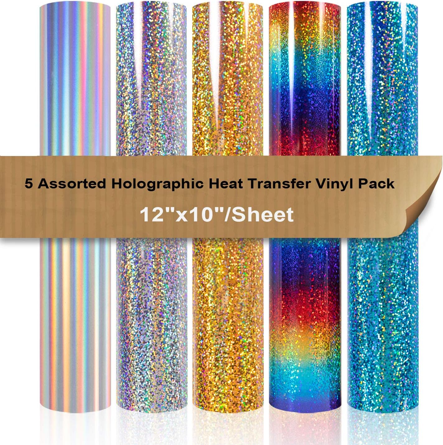Holographic Heat Transfer Vinyl Pack Bundle 5 Sheets 12x10" Iron on Vinyl for Cameo for DIY Shirt and Garment Decoration