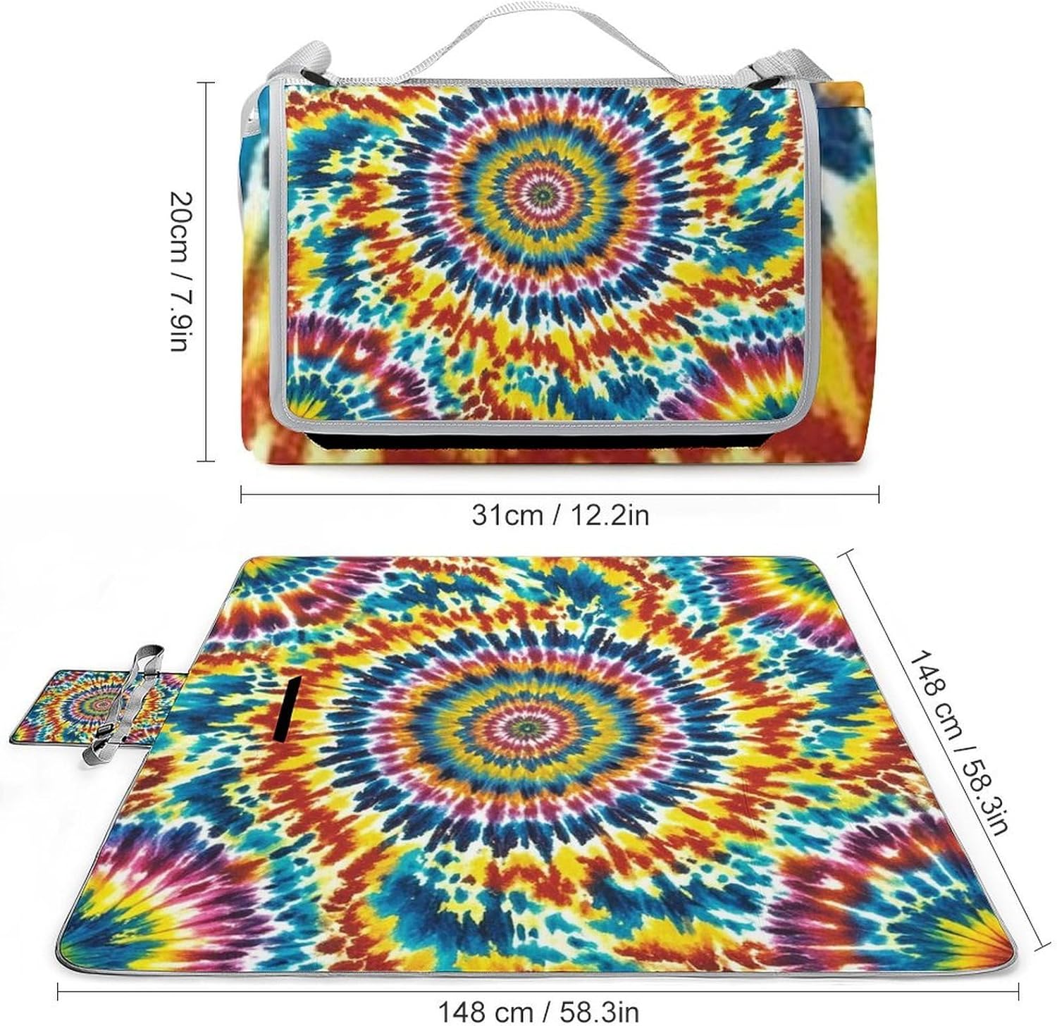 Color Tie Dye Beach Blanket Thickened Foldable Camping Mats Soft Lightweight Beach Pad Square Picnic Blankets with Shoulder Strap for Park Grass Patio Hiking