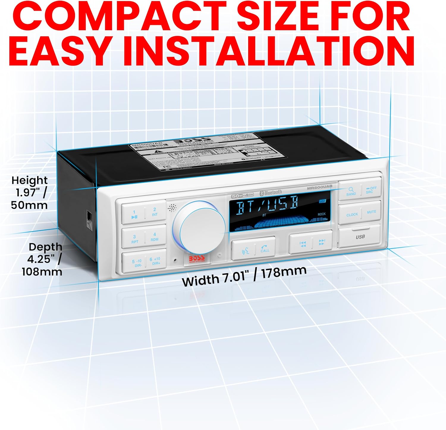 BOSS Audio Systems MR500UAB Marine Radio Receiver – Bluetooth Audio Streaming and Hands-Free Calling, USB Port, Weatherproof, Digital Media MP3 Player, No CD Player, AM/FM Radio Receiver