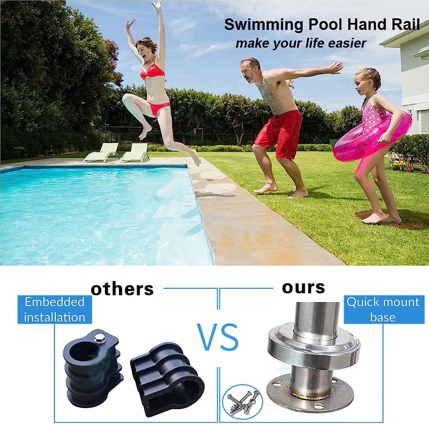 Barandilla de piscina, pasamanos, asideros, barandilla para piscina, barandilla para piscina, brida de barandilla para piscina, base de montaje rápido, barandillas montadas en cubierta, barandillas de
