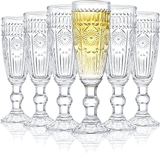 Kingrol 6 Pack 5 Ounces Glass Champagne Flutes, Vintage Sparkling Wine G...