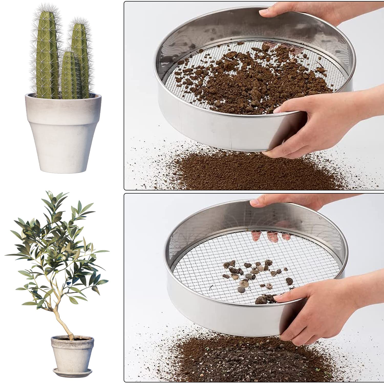 SAVITA Tamiz de Tierra para Jardín, Marco de Acero Inoxidable Tamiz de Jardín de 20cm 6 Piezas de Filtros de Malla Intercambiables Juego de Tamiz de Suelo con Pantallas de Marco Espátula y Guantes